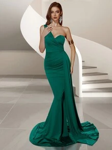 ADYCE One Shoulder Ruffle Ribbon Party Prom Dress