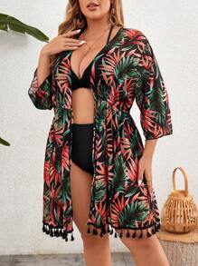 Swim Lushoire Plus Size Women Vacation Style Long Sleeve Kimono With Tree Leaf Print Summer