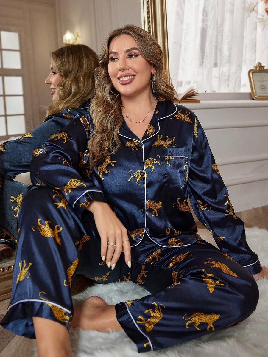MuseNap CURVE Plus Leopard Print Contrast Piping Satin PJ Set / Pajama Set - Navy Blue - View 1
