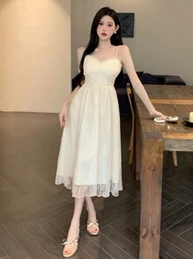 DAZY Women's Elegant Solid Color Embroidered Spaghetti Strap Summer Dress, Birthday Prom Dress,Ruffle,Dress For Wedding - Beige - View 3