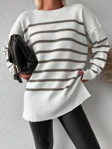 SHEIN Cottnline Women's Striped Drop Shoulder Loose Sweater - Brown - View 5