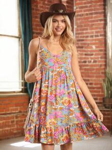 SHEIN LUNE Women's Summer Printed Floral Pattern Spaghetti Strap Holiday Dress - Blue - View 5