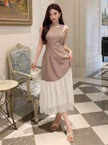 DAZY Ladies' Fashionable Elegant Sheer Mesh Splice Waist Cinched Dress, Birthday Prom Dress,Ruffle