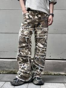 Manfinity Roghcode 男士時尚拼接休閒牛仔褲 - 軍綠色 - 查看 6