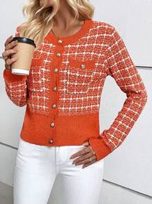 SHEIN LUNE Cárdigan de mujer con botones únicos, diseño de bolsillo y cuadros, manga larga - Naranja - Ver 5
