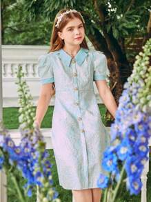 SHEIN Tween Girl Elegant Color Block Patchwork Jacquard Puff Sleeve Dress For Summer