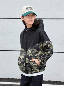 SHEIN Tween Boy Camo Print Zip Up Hooded Jacket Without Tee - Army Green - View 5