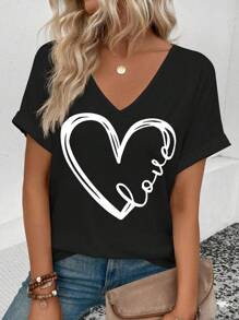 SHEIN LUNE Women's Summer Heart Letter Printed V-Neck Short Sleeve Casual T-Shirt