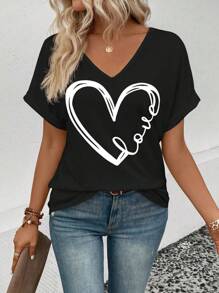 SHEIN LUNE Women's Summer Heart Letter Printed V-Neck Short Sleeve Casual T-Shirt