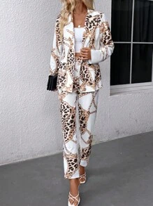 EMERY ROSE Women's Leopard Chain Print Suit Set, Casual Blazer And Pants