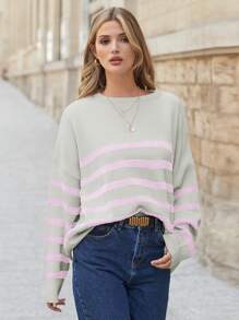 EURMUSE Women's Round Neck Drop Shoulder Color Block Striped Sweater - Pink - View 1
