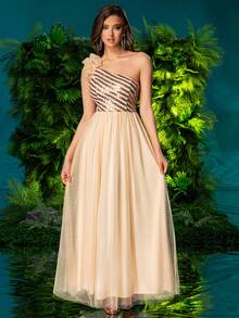Double Crazy Women's Mesh Contrast Glitter One Shoulder Formal Dress - Champagne - View 3