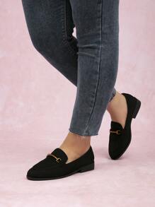 女士圓頭金屬扣粗跟豆鞋，黑色，大尺碼，適用於春秋款平底鞋