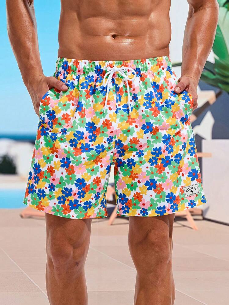 Men's Floral Print Beach Shorts With Drawstring Waist, Loose Fit