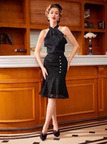 Vintamour Áo cổ yếm xếp nếp ngắn cổ điển cho nữ Quần áo mùa hè Áo sơ mi đen Trang phục gợi cảm Áo đi chơi - màu đen - Xem 9