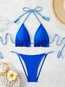 SHEIN Swim 女性泳衣，帶有頸項式比基尼上衣和比基尼下褲，適用於夏季、海灘和游泳池 - 寶藍色 - 查看 7