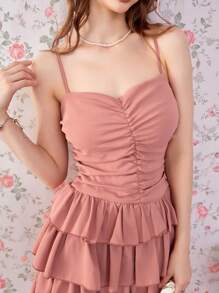 Chiquease 甜美迷人前收腰多层荷叶边后系带女式吊带背心连衣裙 - 粉色 - 查看 2