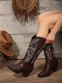2024 秋冬新款女式西部牛仔刺绣靴、中筒靴、切尔西靴和及膝靴 - 咖啡棕 - 查看 3