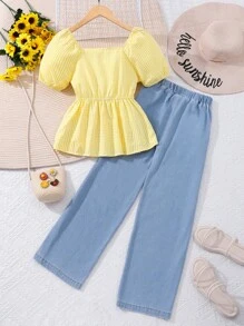 Tween-Mädchen Plaid Daisy Printed Puffärmel Shirt Mit Jeans Set Für Urlaub Und Lässig