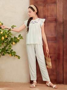 SHEIN Tween Girl Embroidered Flower Texture Striped Shirt And Long Pants Lightweight Casual Summer 2pcs Outfits