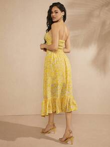 L'Amorae Twist Cut Out Ruffle Hem Print Dress