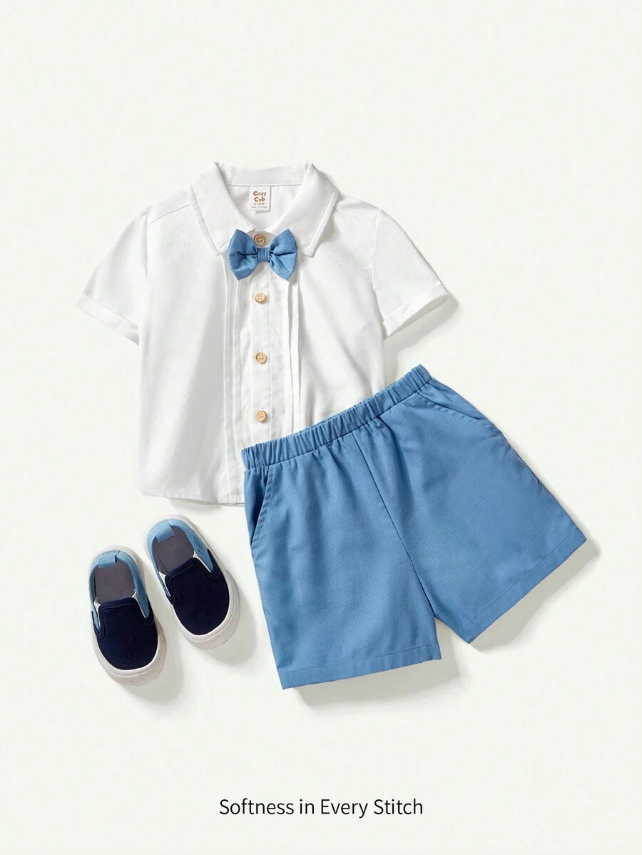 Cozy Pixies Baby Boy Color-Block Decor Bow-Tie Collar Short Sleeve Cardigan With Solid Colored Shorts, 2pcs/Set - Blue - View 1