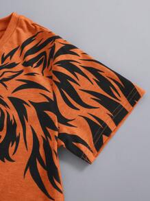 SHEIN Tween Boys'  Round Neck Printed Knitted Short Sleeve T-Shirt - Orange - View 3