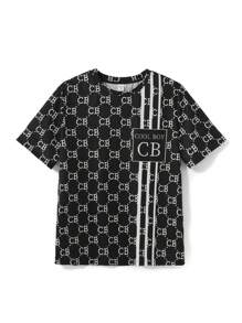 SHEIN 青少年男孩夏季短袖短褲字母圖案針織休閒寬鬆防火睡衣套裝