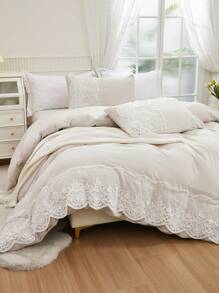 3pcs Beige Synthetic Polyester Bottom Surface With A Mesh Duvet Cover Kit - Beige - View 9