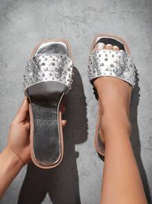 SHUZIA Women Solid Color Rhinestone Decorated Summer Casual Fashion Slip Resistant Flat Sandals - Silver - View 3