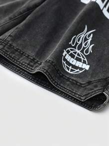 ROMWE MEN Street Life Men's Letter Printed Denim Shorts, Suitable For Daily Wear In Spring And Summer - Black - View 7