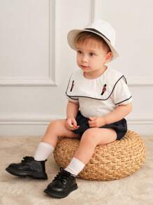 Souflis Souflis Baby Boys' 2pcs/Set Elegant French Retro Navy Collar Embroidery Printed Top & Shorts, Spring/Summer