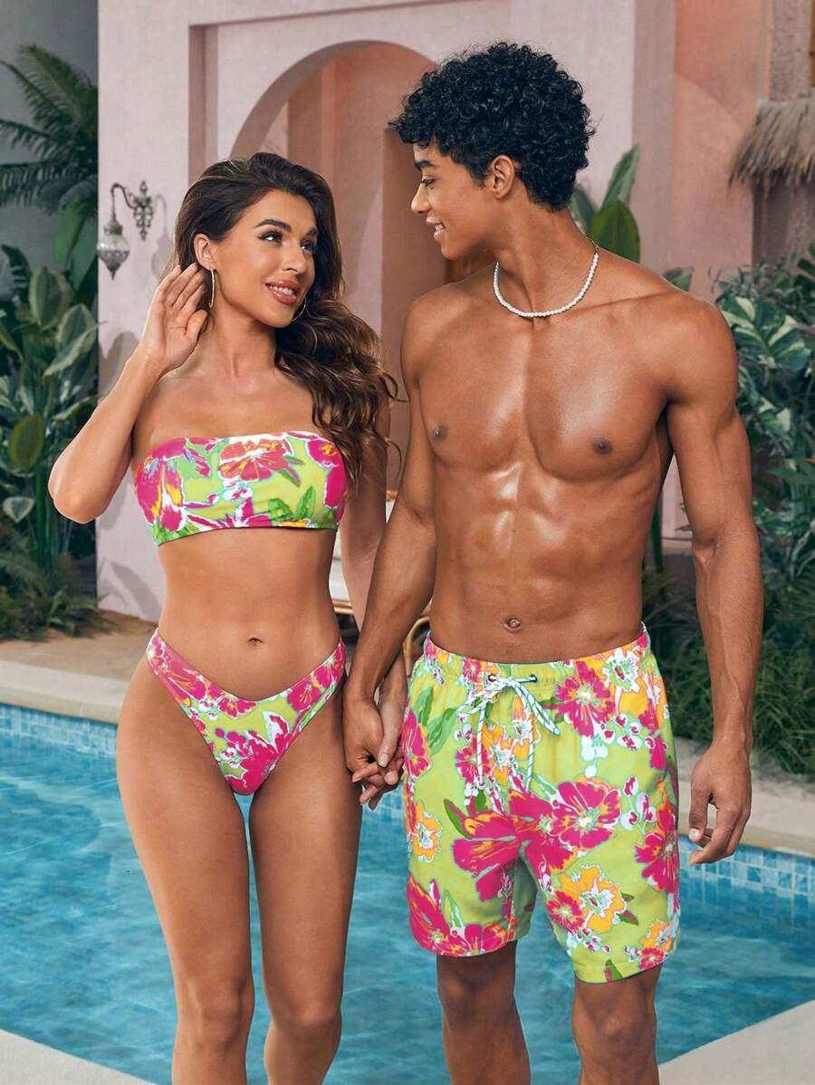 Manfinity VDAYZ Men's Summer Holiday Floral Print Drawstring Waist Beach Shorts - Multicolor - View 1