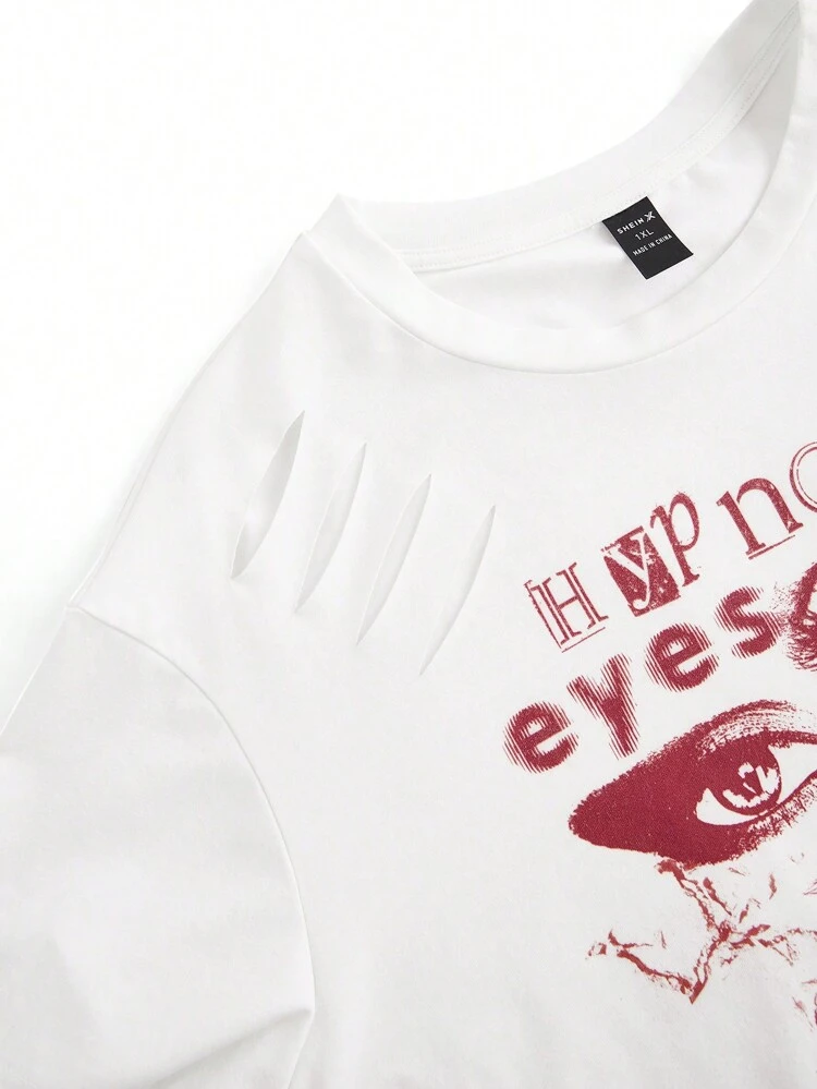 Artist Plus Size Dark Casual Crop Sleeve Printed Round Neck T-Shirt With Cut-Out Design, Graphic Tee, For Summer, Holiday, Vacation, Festival, Ibiza Fits