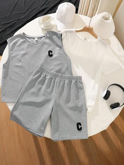 SHEIN Tween Boys Extended Size Loose Fit Casual Vest, T-Shirt And Shorts 3-Piece Set