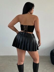 Flirla Plus Size Summer Fishbone Lace Tight-Fitting Cropped Strapless Top - Black - View 2
