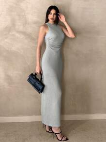 SHEIN Essnce Women's Summer Solid Color Ruched Waist Sleeveless Dresscasualold Money Outfitsmodernlong Dress - Light Grey - View 5
