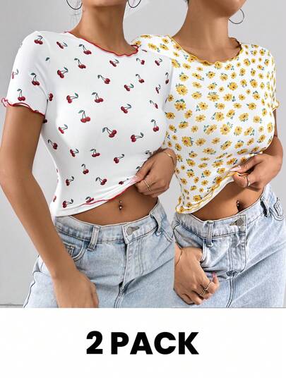 SHEIN Essnce 多件女士夏季櫻桃印花短袖修身t恤