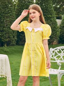 Váy kẻ sọc Tween Girl 1pc, mùa hè - Màu vàng - Xem 5