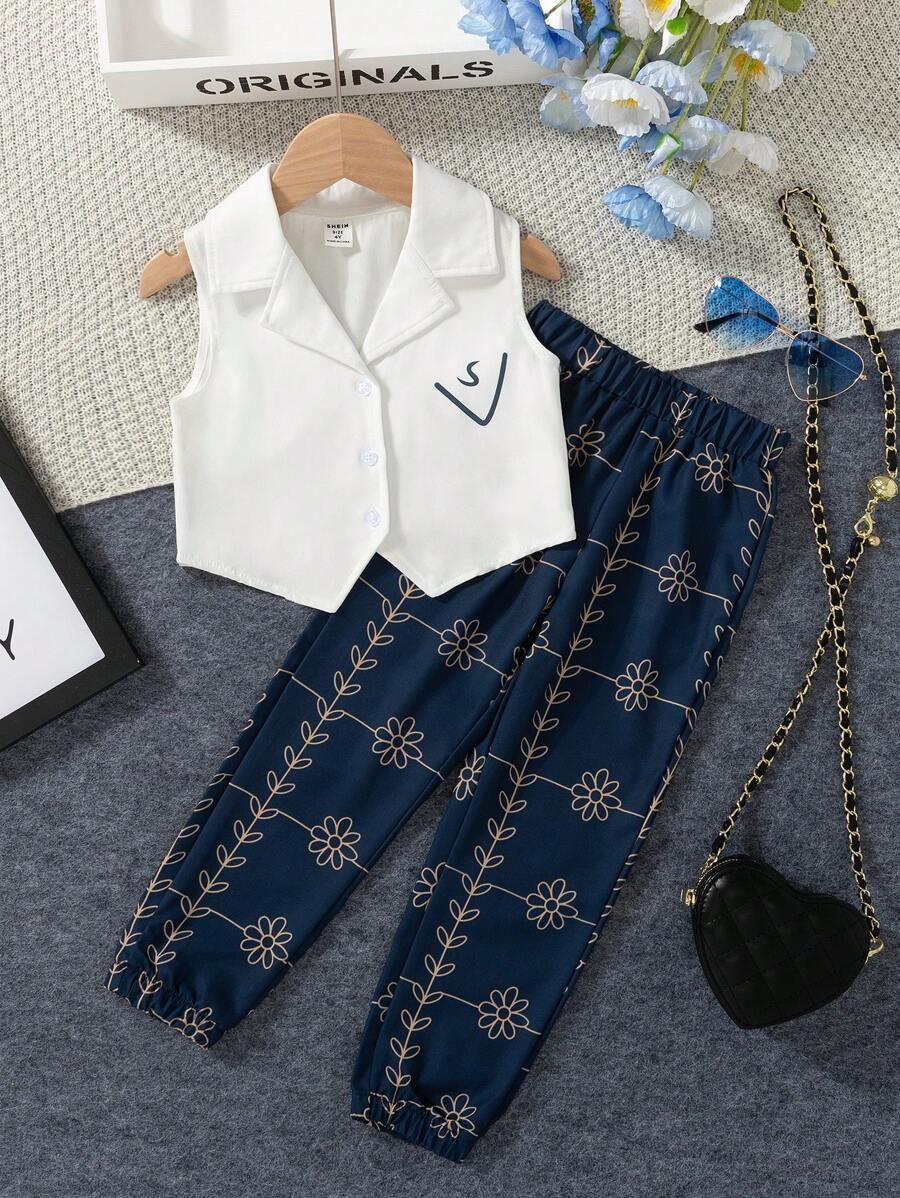 SHEIN 年輕女孩簡約印花上衣和長褲套裝 - 白色 - 查看 1