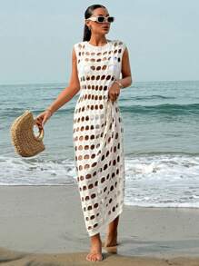 Vestido de punto de cuello redondo de un solo color con diseño calado, para el verano y las vacaciones en la playa