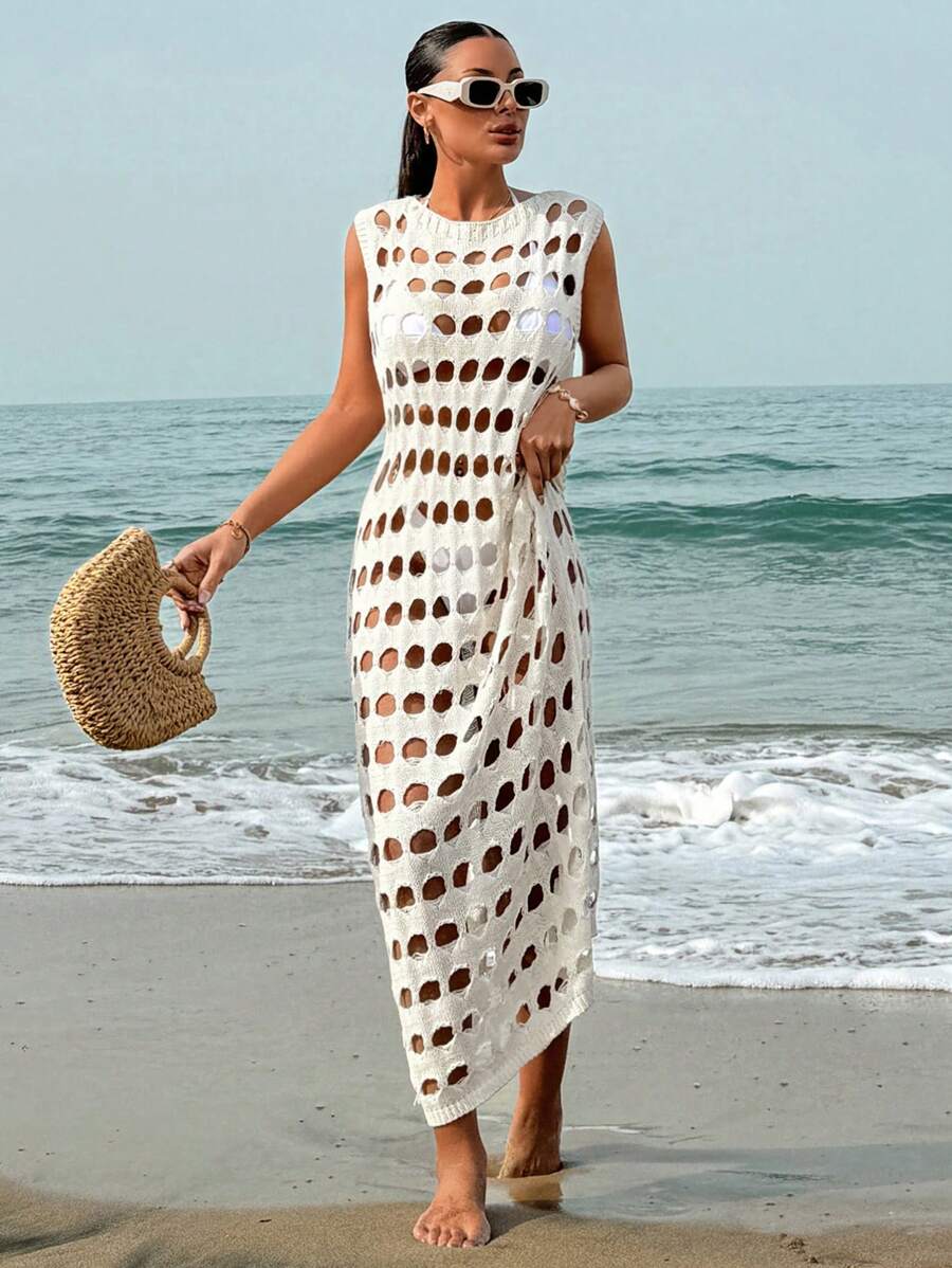 Vestido de punto de cuello redondo de un solo color con diseño calado, para el verano y las vacaciones en la playa