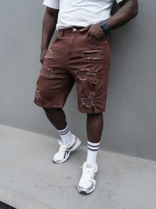 Manfinity Roghcode Quần short denim rách cỡ lớn dành cho nam có túi, dài đến đầu gối - màu nâu - Xem 3