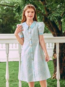 SHEIN Tween Girl Elegant Color Block Patchwork Jacquard Puff Sleeve Dress For Summer