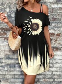 SHEIN LUNE Đầm nữ màu đen hở vai hoa cúc Ombre - Màu be - Xem 5