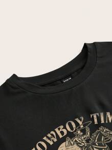 SHEIN EZwear 休闲复古骑士圆领短袖短款修身女式T恤，适合夏季音乐节 - 黑色 - 查看 4