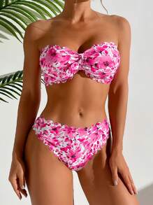 女士节日花卉印花抹胸比基尼套装，配有性感泳裤，夏季 - 玫紅色 - 查看 4