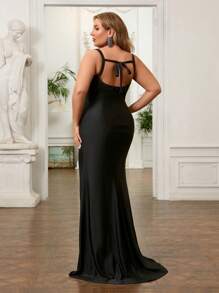 SHEIN Belle Plus Size Black Asymmetrical Neckline Ruffle Trim High Slit Back Trail Elegant Minimalist Formal Dress - Black - View 2