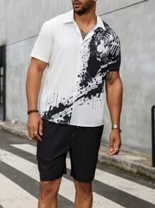 Manfinity LEGND Men's Plus Size Front Button Animal Printed Short Sleeve Shirt And Solid Color Shorts, Summer Casual 2pcs/Set