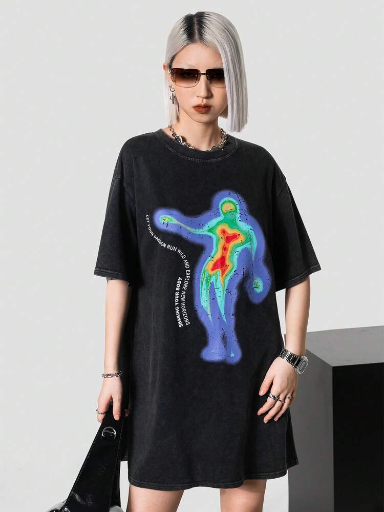 2024 Spring/Summer Street Style Oversized Washed Distressed Portrait Print Short Sleeve Dress & Set